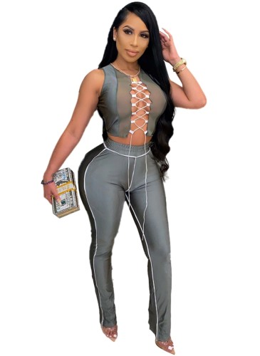 Gray Lace Up Club Top and Pants Two Piece Set
