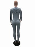 Long Sleeve Gray Hooded Bodycon Jumpsuit with Contrast Panel