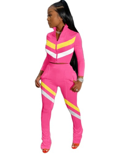 Contrast Panel Pink Casual Zipper Tracksuit
