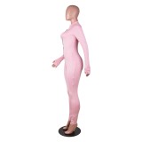 Pink Long Sleeve Thumb Hole Zip Up Bodycon Jumpsuit