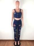 Embroidered Blue Denim Crop Top and Jeans Set