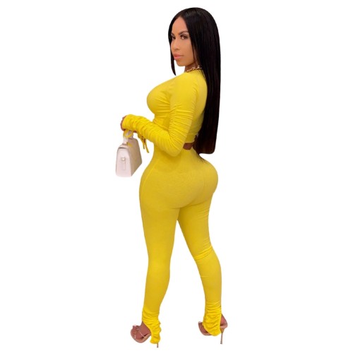 Yellow Slit Bottom Ruched Crop Top and Pants Set