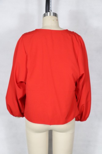 Red Loose Blouse with Lantern Sleeve
