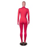 Red Long Sleeve Thumb Hole Zip Up Bodycon Jumpsuit