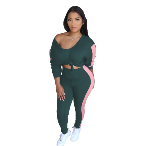 Plus Size Green Sweatsuit with Contrast Panel