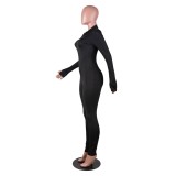 Black Long Sleeve Thumb Hole Zip Up Bodycon Jumpsuit