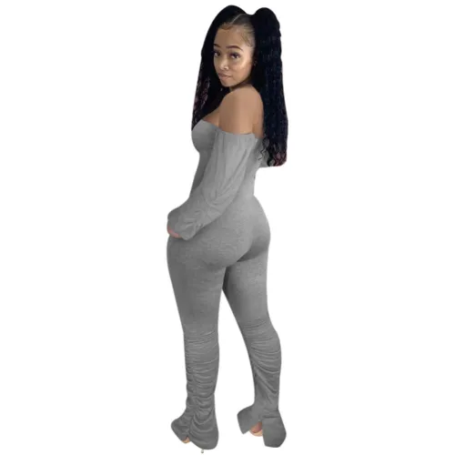 Gray Off Shoulder Slit Stack Jumpsuit with Balloon Sleeve