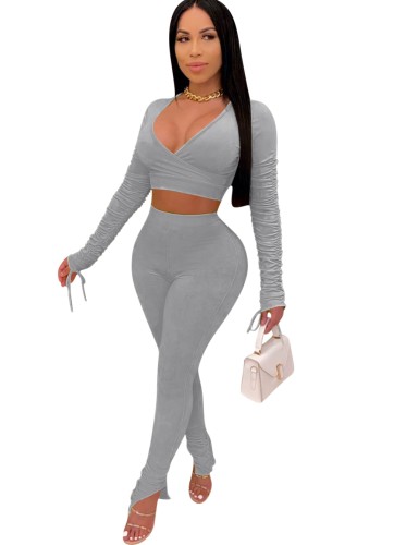 Gray Slit Bottom Ruched Crop Top and Pants Set