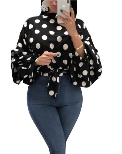 Polka Dott Tie Waist Blouse with Balloon Sleeves