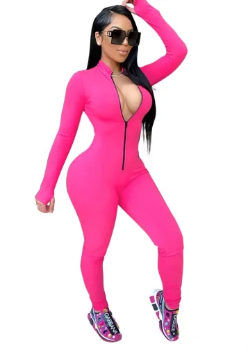 Hot Pink Long Sleeve Thumb Hole Zip Up Bodycon Jumpsuit