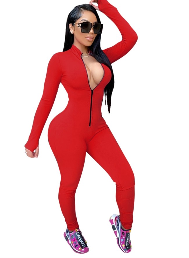 Red Long Sleeve Thumb Hole Zip Up Bodycon Jumpsuit