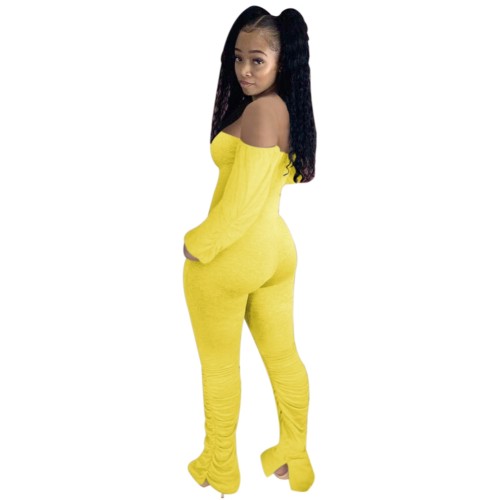 Yellow Off Shoulder Slit Stack Jumpsuit with Balloon Sleeve