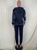 Street Style Printed Navy Hooded Sweatsuits