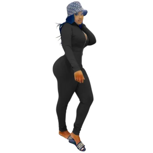 Black Long Sleeve Thumb Hole Zip Up Bodycon Jumpsuit
