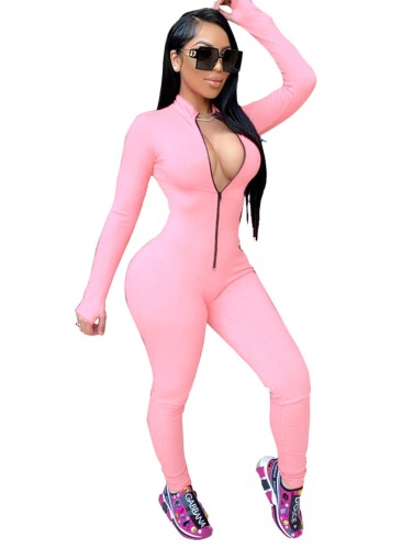Pink Long Sleeve Thumb Hole Zip Up Bodycon Jumpsuit