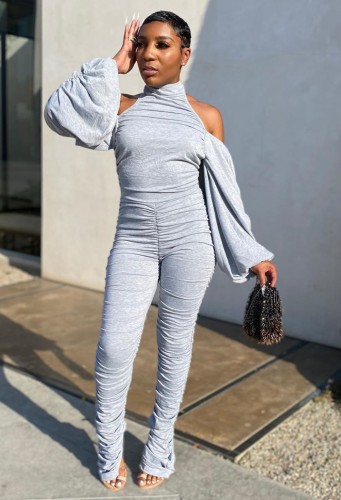 Gray Cold Shoulder Puff Sleeve Ruched Jumpsuit