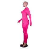 Hot Pink Long Sleeve Thumb Hole Zip Up Bodycon Jumpsuit