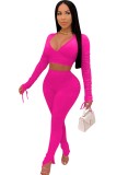 Hot Pink Slit Bottom Ruched Crop Top and Pants Set