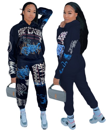 Street Style Printed Navy Hooded Sweatsuits