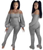 Gray Off Shoulder Slit Stack Jumpsuit with Balloon Sleeve