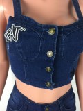 Embroidered Blue Denim Crop Top and Jeans Set