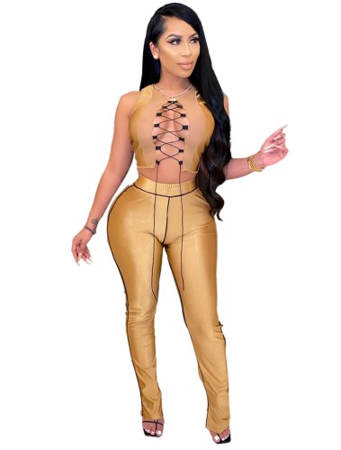 Gold Lace Up Club Top and Pants Two Piece Set