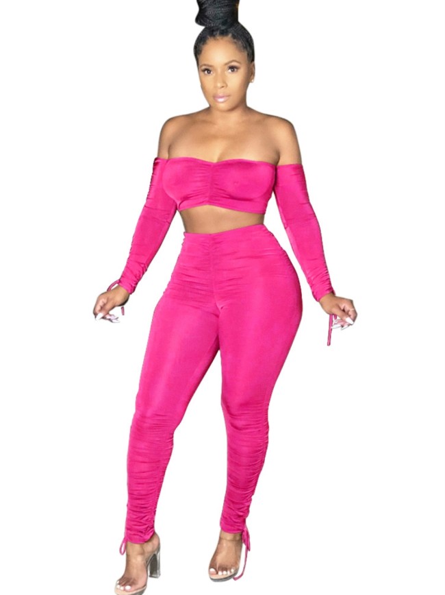 Plain Off Shoulder Crop Top and Stack Pants Set