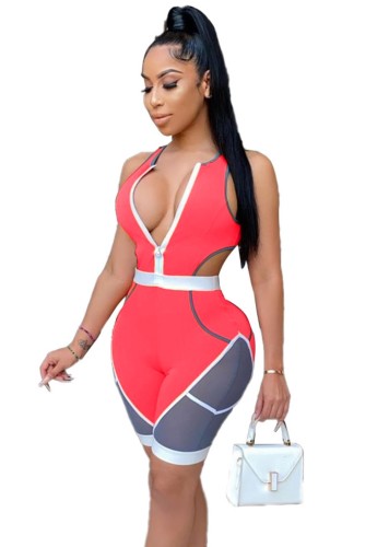 Zipper Contrast Cut Out Sleeveless Sports Romper