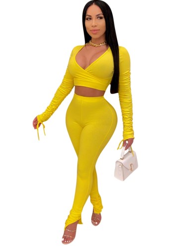 Yellow Slit Bottom Ruched Crop Top and Pants Set