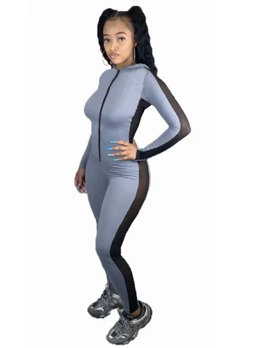 Long Sleeve Gray Hooded Bodycon Jumpsuit with Contrast Panel