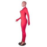 Red Long Sleeve Thumb Hole Zip Up Bodycon Jumpsuit