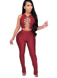 Red Lace Up Club Top and Pants Two Piece Set
