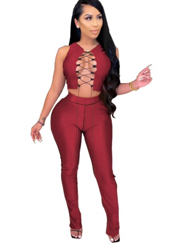 Red Lace Up Club Top and Pants Two Piece Set