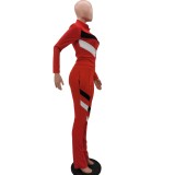 Contrast Panel Red Casual Zipper Tracksuit