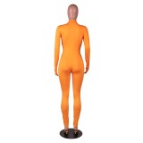 Orange Long Sleeve Thumb Hole Zip Up Bodycon Jumpsuit