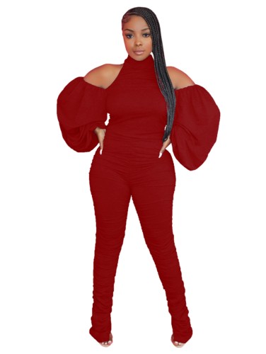 Red Cold Shoulder Puff Sleeve Ruched Jumpsuit