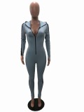 Long Sleeve Gray Hooded Bodycon Jumpsuit with Contrast Panel