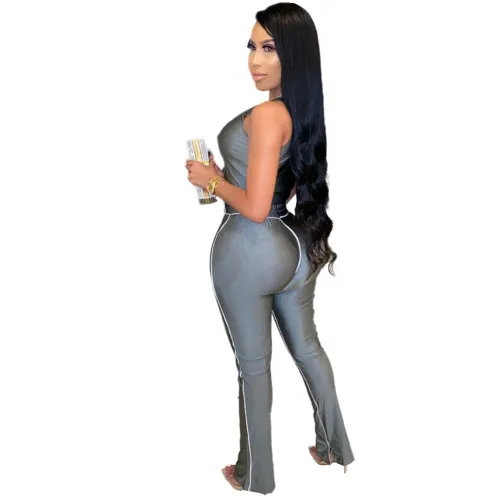 Gray Lace Up Club Top and Pants Two Piece Set