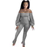 Gray Off Shoulder Slit Stack Jumpsuit with Balloon Sleeve