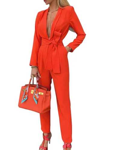 Orange Plunge Long Sleeve Tie Waist Sexy Jumpsuit