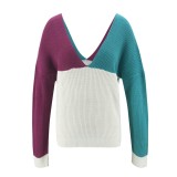 Sexy Twist V Back Colorblock Pullover Sweater
