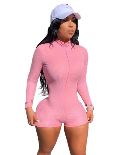 Fitness Solid Ribbed Long Sleeve Zip Up Bodycon Romper