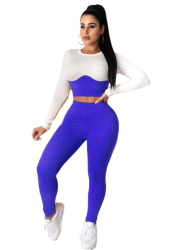 Two Tone Long Sleeve Crop Top and Leggings Set