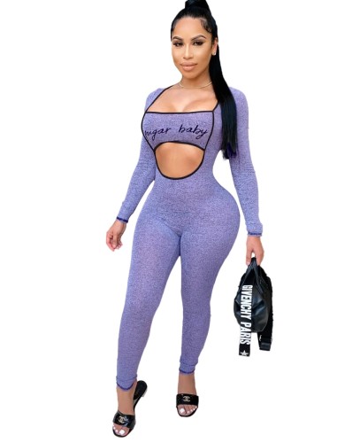 Letter Front Cut Out Long Sleeve Bodycon Jumpsuit