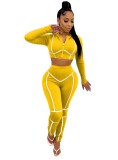 Contrast Piping Sports Zipper Crop Top & High Waist Pants Set