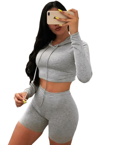 Gray Cropped Hoodie and Shorts Set