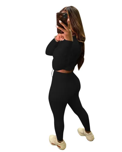 Wholesale Solid Long Sleeve Crop Top and Pants Set