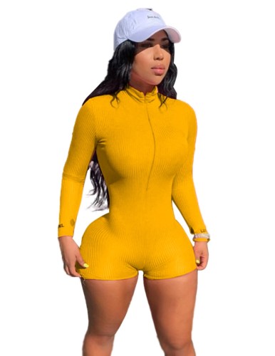 Fitness Solid Ribbed Long Sleeve Zip Up Bodycon Romper