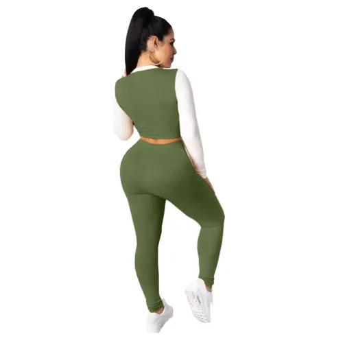 Two Tone Long Sleeve Crop Top and Leggings Set