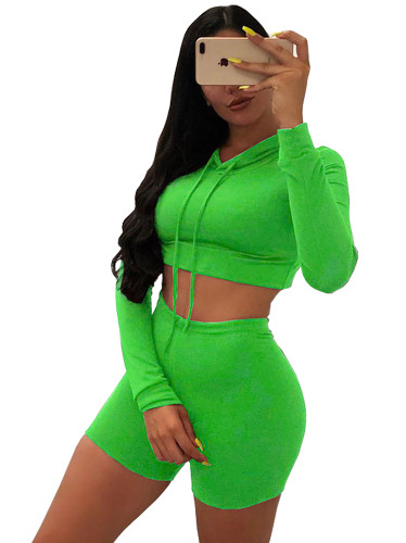 Green Cropped Hoodie and Shorts Set